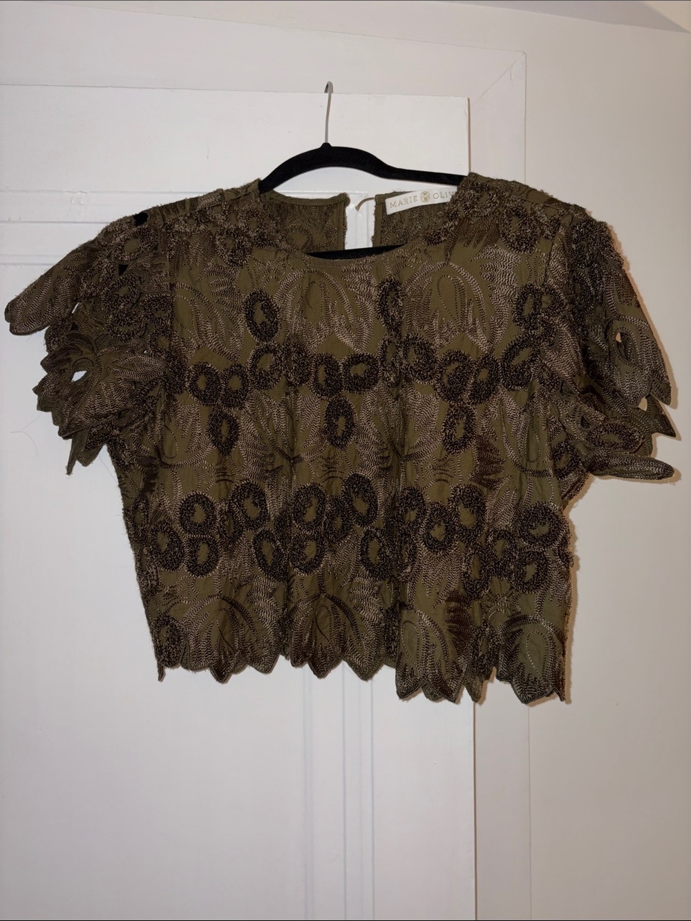 Marie Oliver Pelumi Olive Embroidered Cutout Crop Top